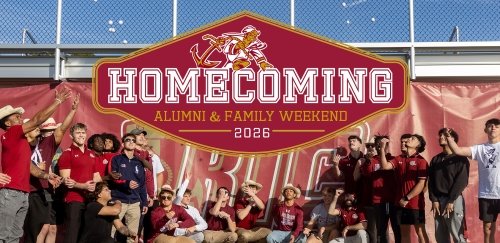Homecoming: Alumni & Family Weekend 2026 logo with Anchorman symbol over top an image of students reaching upward