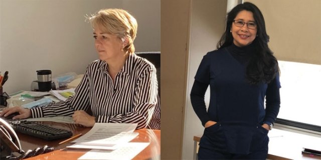 Maria Cristina Vallejo sitting at her office and Ester Eunice Juarez posing with her work clothing 