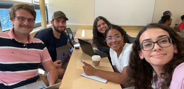 Management students working happily together at table with laptops