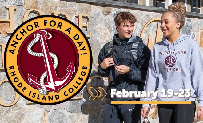 Anchor for a day promotional graphic - two students on RIC campus