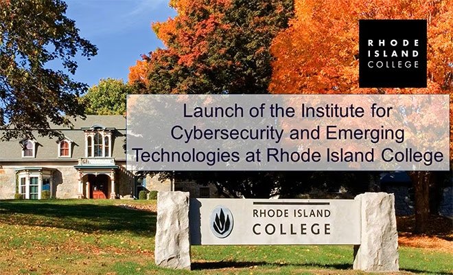 Title slide of Forman Center and RIC sign for the launch of the Cybersecurity Institute