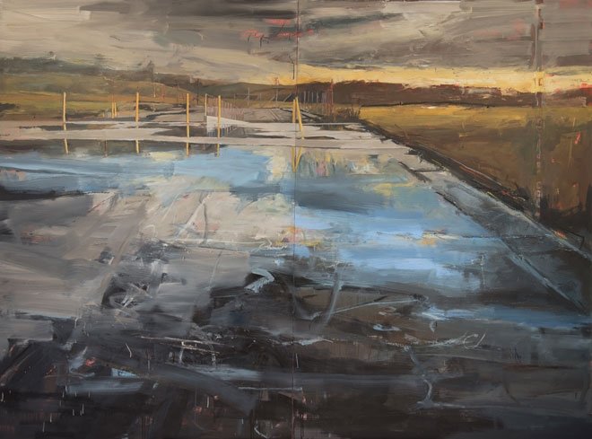 Painting of industrial park with reflections in shallow water