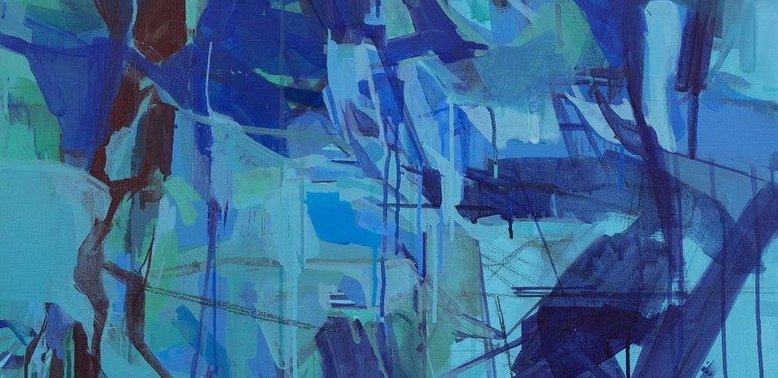 cropped image of a painting with blue, black, and green colors