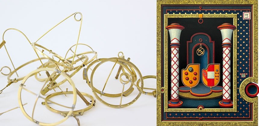 Sculpture of brass rings and renaissance-style painting