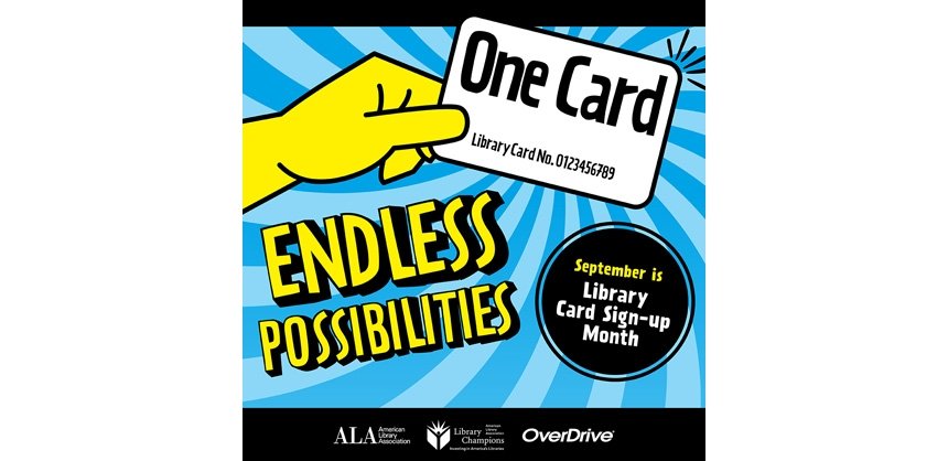 Library Card Sign up month logo with yellow hand holding library card