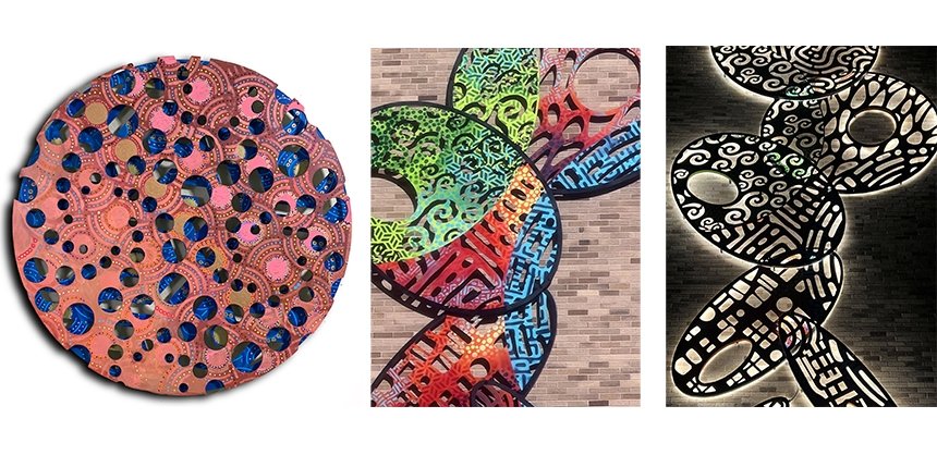 Three images of colorful round and oval sculptures