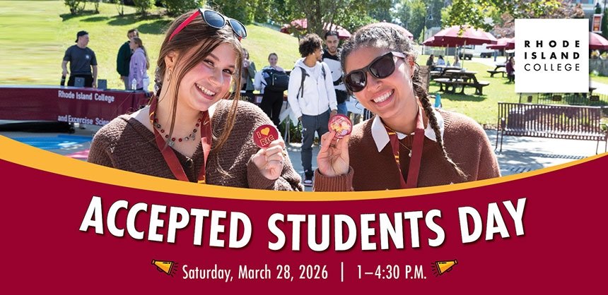 Accepted Students Day Graphic, with two students smiling and holding up I love RIC buttons