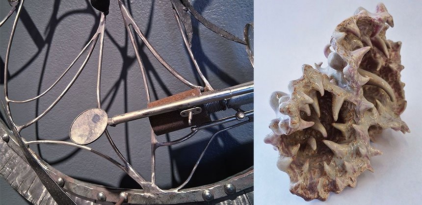 Two photographs of a metal sculpture and a ceramic sculpture