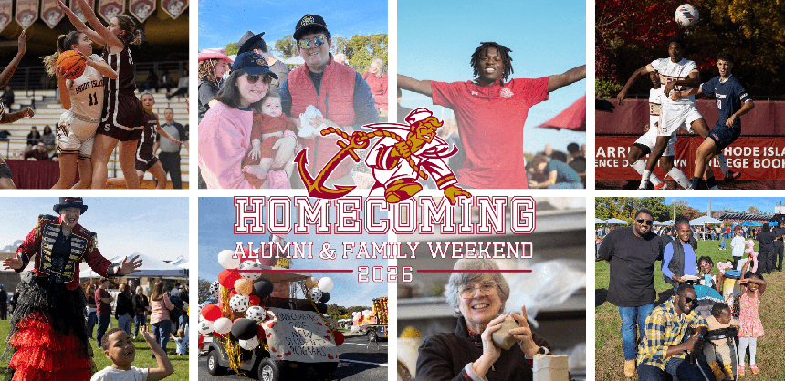 Homecoming photo collage with homecoming logo, featuring anchorman mascot, on top