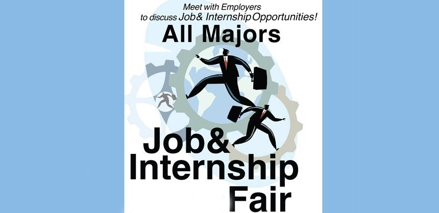 All Majors Job & Internship Fair with silhouettes of professionals and gear graphics