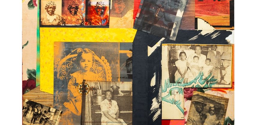 Collage work with old family photographs and bright yellow, red, orange, and green colors