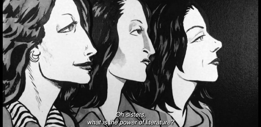 Black and white caricature of three women looking to the right